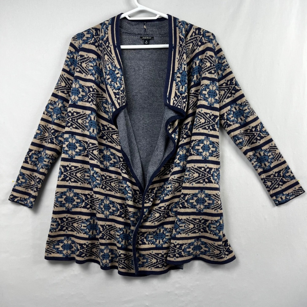Lucky Brand Cardigan Sweater Womens M Blue Southwestern Geometric Open Front